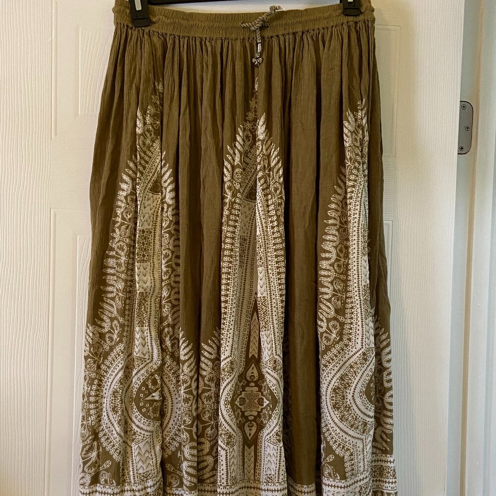 Philosophy Skirt Women's Sz Med Light Olive Green Ivory Bohemian Peasant Flowy